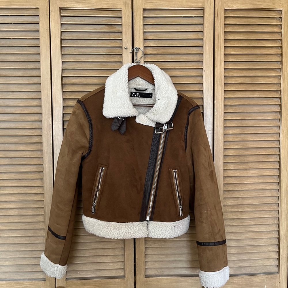 Zara Cropped Jacket with Shearling Trim